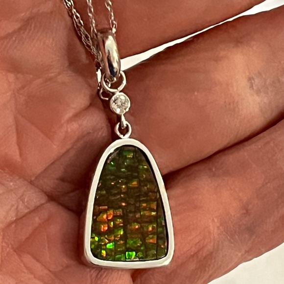 14k Ammolite and Diamond White Gold Pendant Necklace - Picture 13 of 17